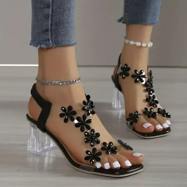 🔥Last Day 49% OFF - Women's Flower Rhinestone Block Heel Sandals, Elegant and Comfortable for Any Occasion