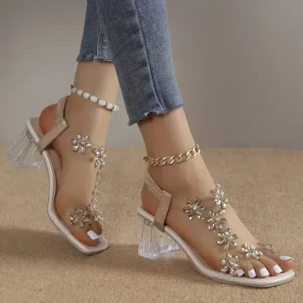 🔥Last Day 49% OFF - Women's Flower Rhinestone Block Heel Sandals, Elegant and Comfortable for Any Occasion