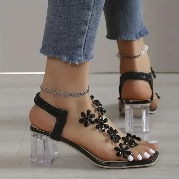 🔥Last Day 49% OFF - Women's Flower Rhinestone Block Heel Sandals, Elegant and Comfortable for Any Occasion