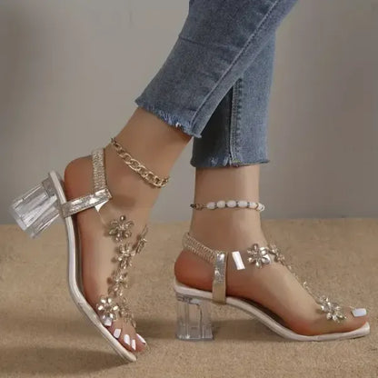 🔥Last Day 49% OFF - Women's Flower Rhinestone Block Heel Sandals, Elegant and Comfortable for Any Occasion