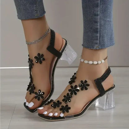 🔥Last Day 49% OFF - Women's Flower Rhinestone Block Heel Sandals, Elegant and Comfortable for Any Occasion