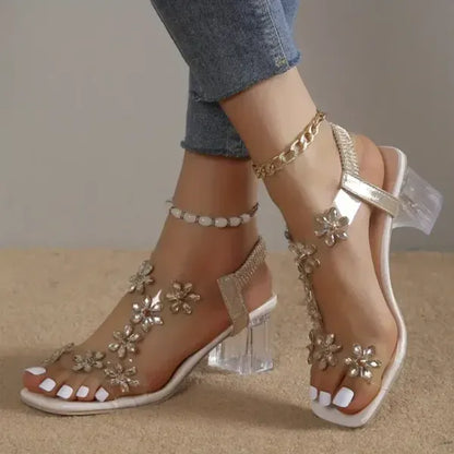 🔥Last Day 49% OFF - Women's Flower Rhinestone Block Heel Sandals, Elegant and Comfortable for Any Occasion