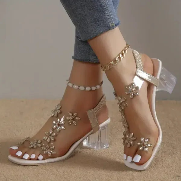 🔥Last Day 49% OFF - Women's Flower Rhinestone Block Heel Sandals, Elegant and Comfortable for Any Occasion